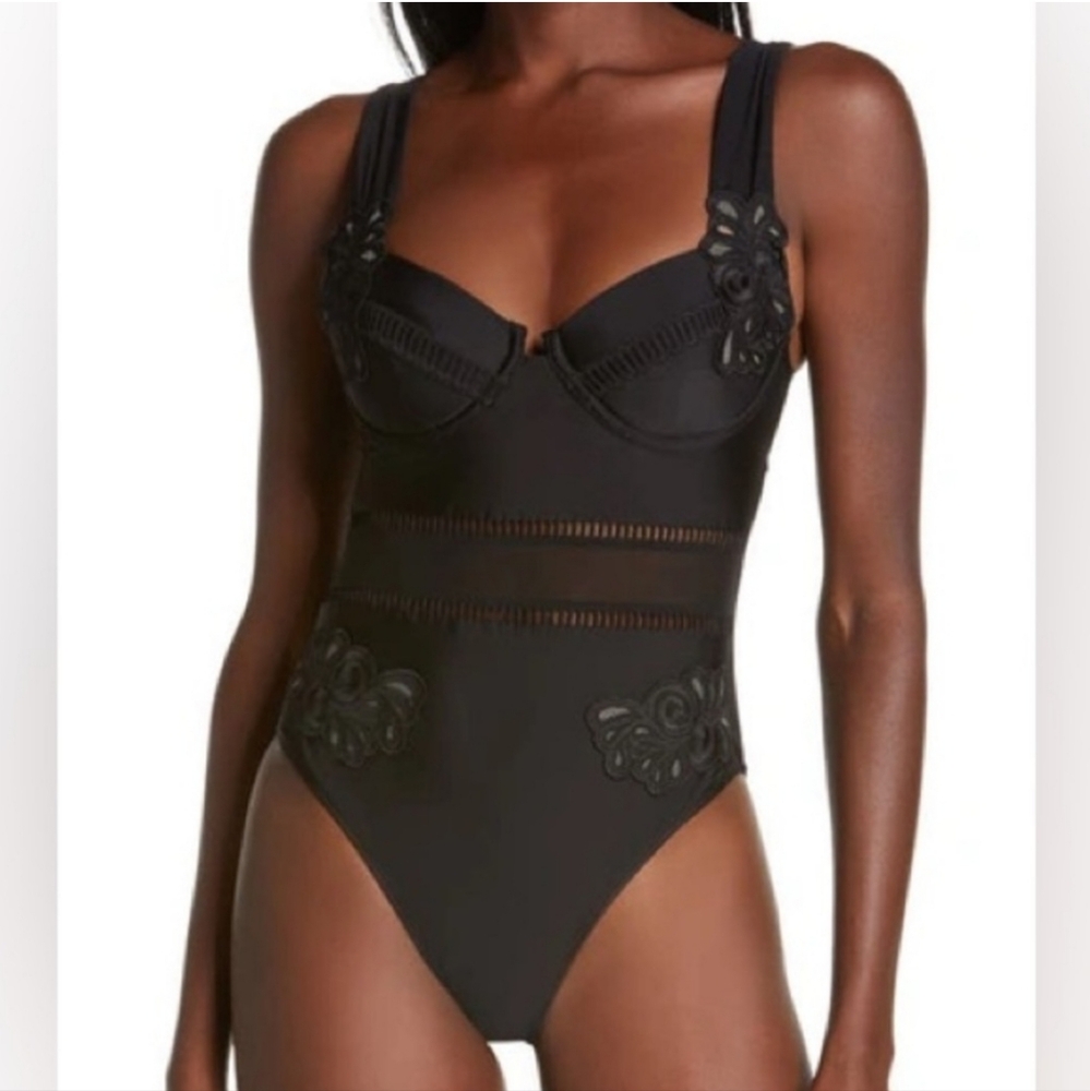 RIVER ISLAND RESORT Black Lace Trim Underwire One Piece Swimsuit